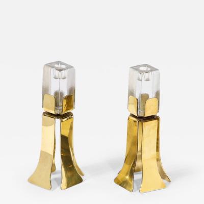 Pair of Mid Century Modernist Sculptural Brass and Mottled Glass Candle Holders