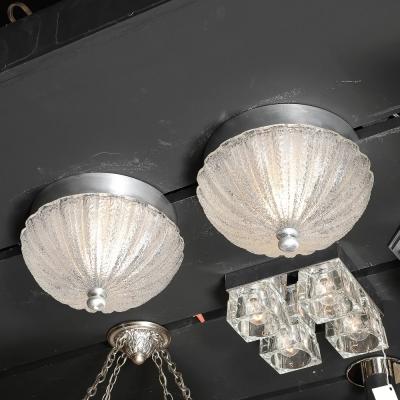 Pair of Mid Century Mottled Fluted Murano Glass Flush Mount Chandeliers