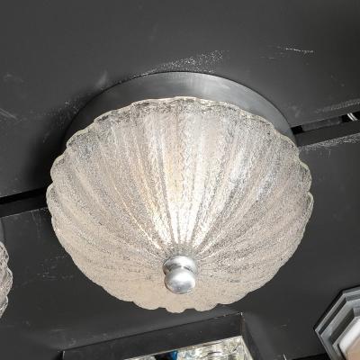 Pair of Mid Century Mottled Fluted Murano Glass Flush Mount Chandeliers