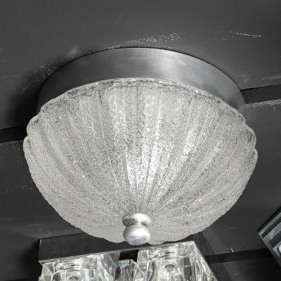 Pair of Mid Century Mottled Fluted Murano Glass Flush Mount Chandeliers