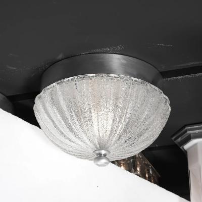 Pair of Mid Century Mottled Fluted Murano Glass Flush Mount Chandeliers