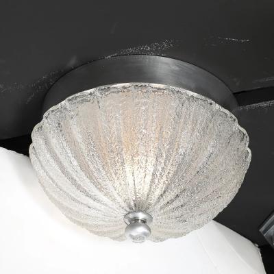 Pair of Mid Century Mottled Fluted Murano Glass Flush Mount Chandeliers