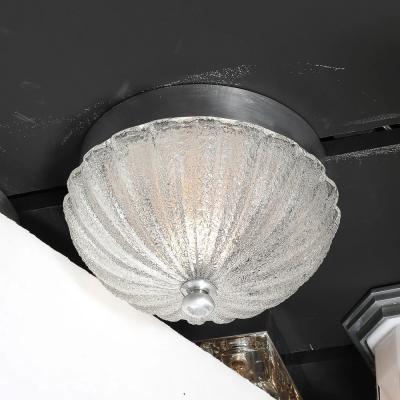 Pair of Mid Century Mottled Fluted Murano Glass Flush Mount Chandeliers