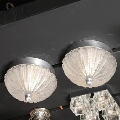 Pair of Mid Century Mottled Fluted Murano Glass Flush Mount Chandeliers