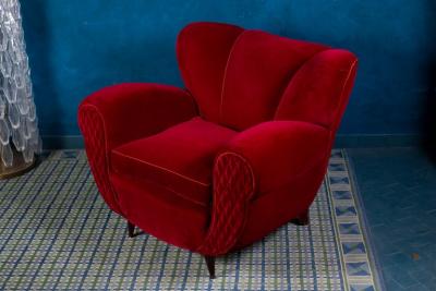 Pair of Mid Century Red Velvet Lounge Chairs or Armchairs