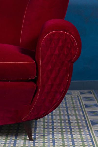 Pair of Mid Century Red Velvet Lounge Chairs or Armchairs