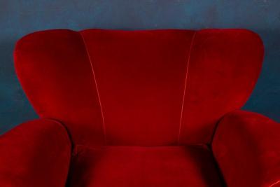 Pair of Mid Century Red Velvet Lounge Chairs or Armchairs