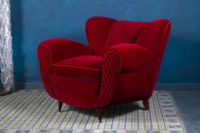 Pair of Mid Century Red Velvet Lounge Chairs or Armchairs