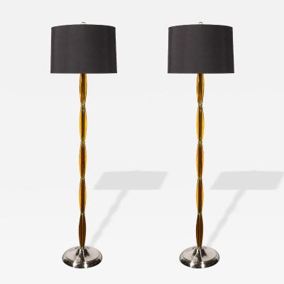 Pair of Mid Century Segmented Amber Bakelite Brushed Chrome Floor Lamps