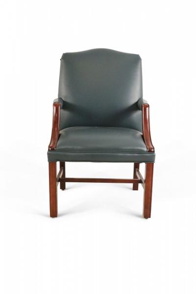 Pair of Mid Century Style Blue Faux Leather and Wood Office Armchairs