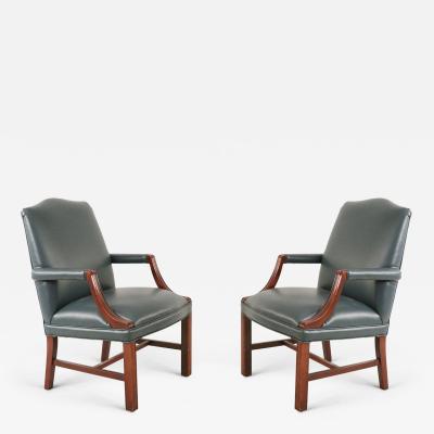 Pair of Mid Century Style Blue Faux Leather and Wood Office Armchairs