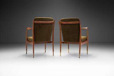 Pair of Mid Century Teak Armchairs in Dark Green Velvet Italy 1950s