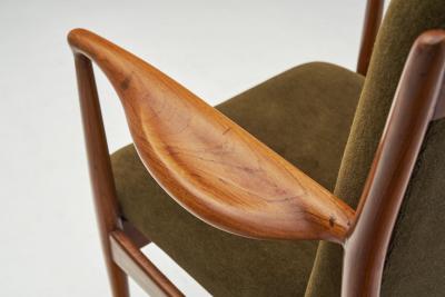 Pair of Mid Century Teak Armchairs in Dark Green Velvet Italy 1950s