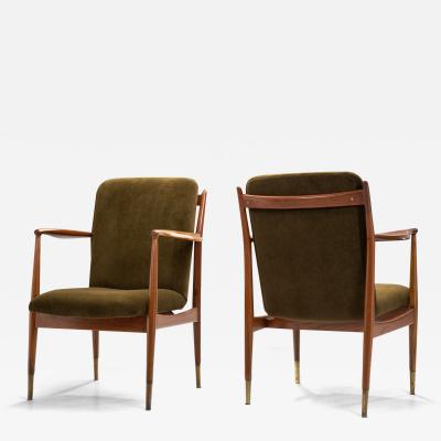 Pair of Mid Century Teak Armchairs in Dark Green Velvet Italy 1950s