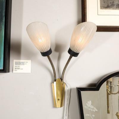 Pair of Mid Century Tulip Form Articulating Frosted Glass Brass Fitted Sconces