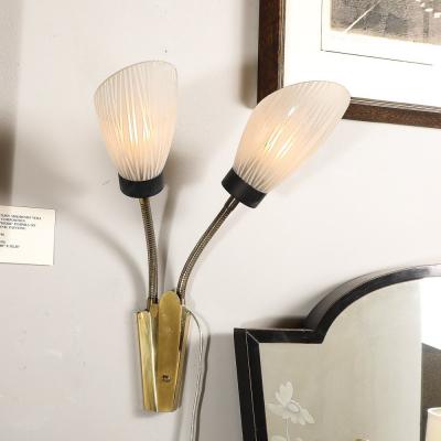 Pair of Mid Century Tulip Form Articulating Frosted Glass Brass Fitted Sconces