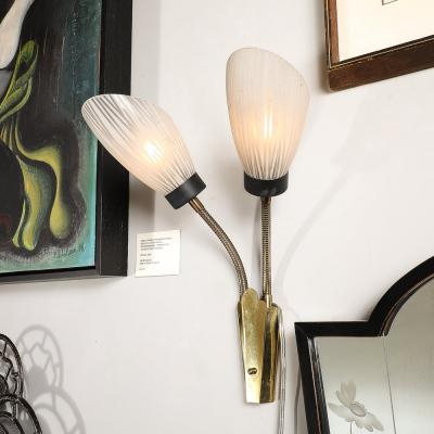 Pair of Mid Century Tulip Form Articulating Frosted Glass Brass Fitted Sconces