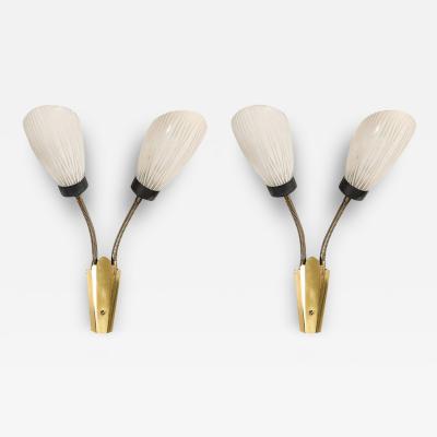 Pair of Mid Century Tulip Form Articulating Frosted Glass Brass Fitted Sconces