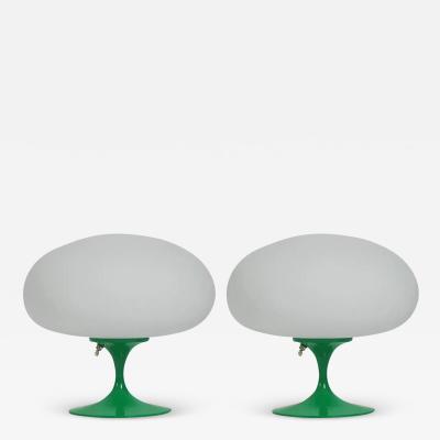 Pair of Mid Century Tulip Table Lamps by Design Line in Green with White Glass