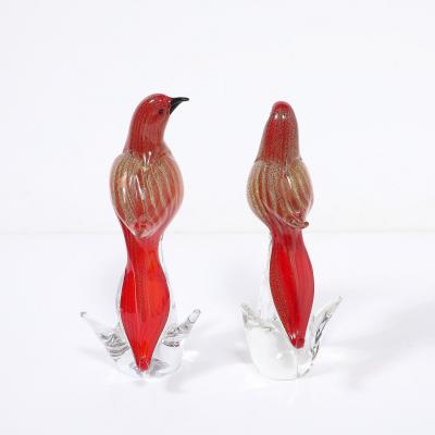 Pair of Mid Century Vermillion Murano Glass Dove Sculptures with 24K Gold Flecks