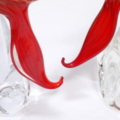 Pair of Mid Century Vermillion Murano Glass Dove Sculptures with 24K Gold Flecks
