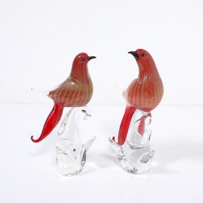 Pair of Mid Century Vermillion Murano Glass Dove Sculptures with 24K Gold Flecks
