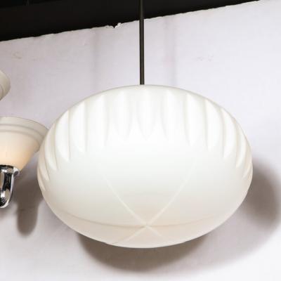 Pair of Mid Century White Frosted Oval Chandeliers with Black Enamel Chrome Rods