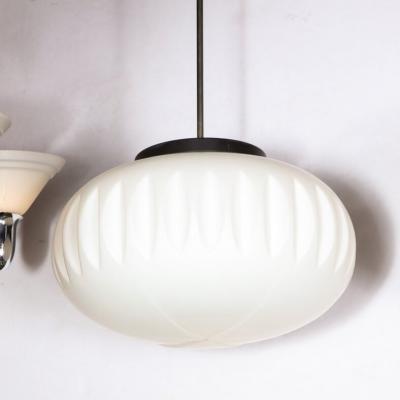 Pair of Mid Century White Frosted Oval Chandeliers with Black Enamel Chrome Rods