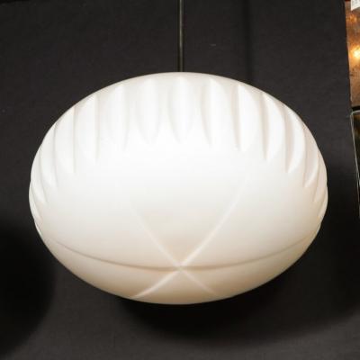 Pair of Mid Century White Frosted Oval Chandeliers with Black Enamel Chrome Rods