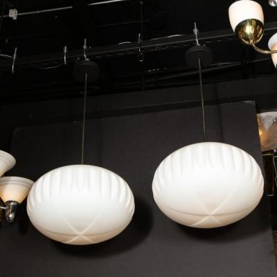 Pair of Mid Century White Frosted Oval Chandeliers with Black Enamel Chrome Rods