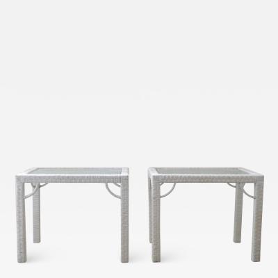 Pair of Mid Century White Lacquered Rattan Side Tables