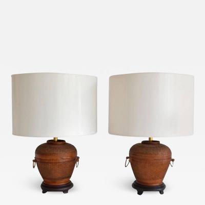 Pair of Mid Century Woven Reed Basket Form Table Lamps