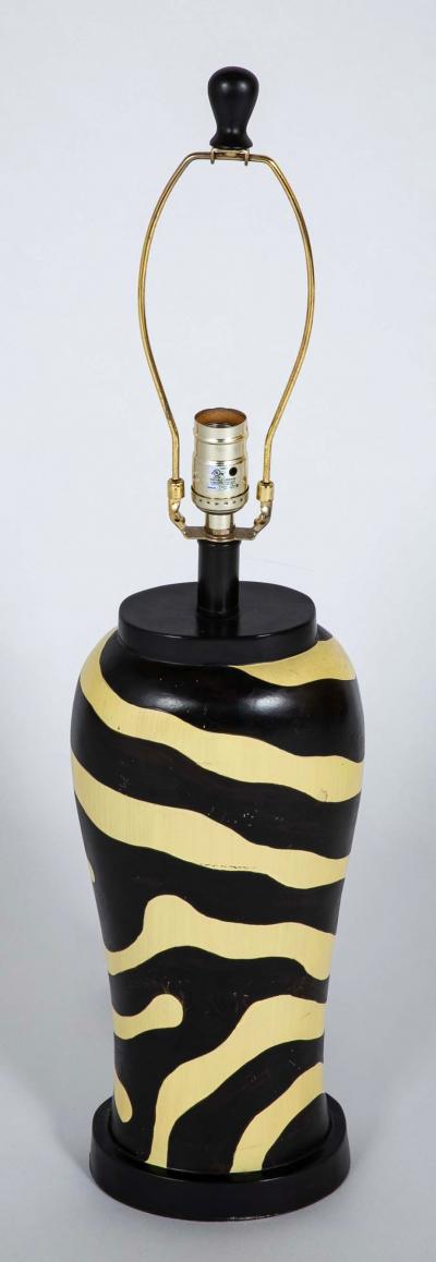 Pair of Mid Century Zebra Decorated Lamps with Matching Finials