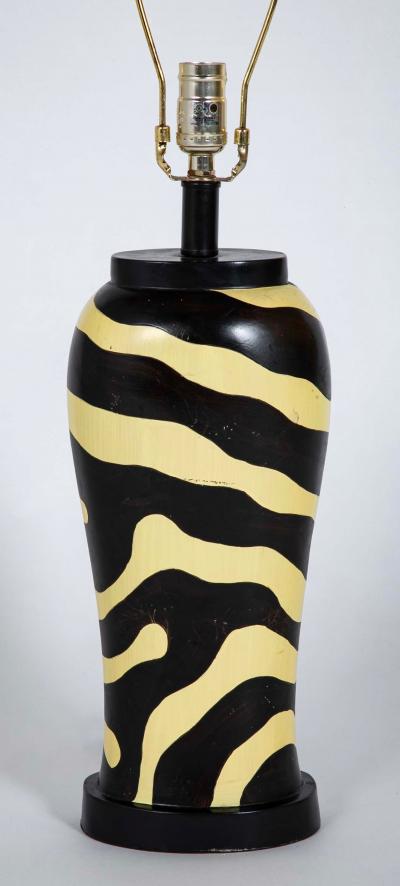 Pair of Mid Century Zebra Decorated Lamps with Matching Finials