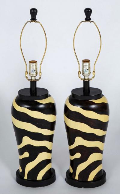 Pair of Mid Century Zebra Decorated Lamps with Matching Finials