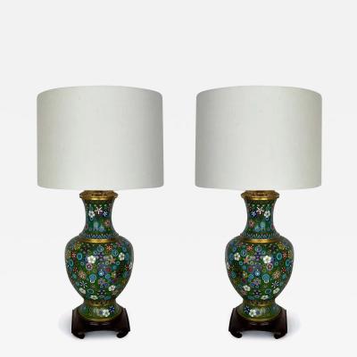 Pair of Mid century Chinese Cloisonne Urns Table Lamps on Wood Bases