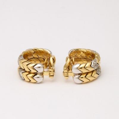 Pair of Midcentury 14 Carat Yellow and White Gold Earrings Inset with Diamonds