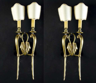 Pair of Midcentury Brass Scones or Wall Lights Italy Guglielmo Ulrich Style 1940