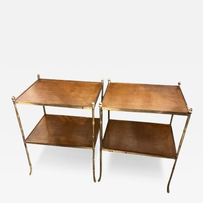 Pair of Midcentury French Brass with Leather Topped Side Tables
