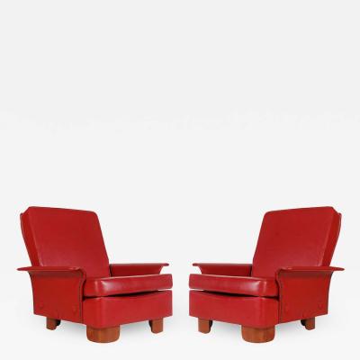 Pair of Midcentury Italian Modern Art Deco Lounge or Club Chairs in Red