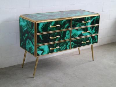 Pair of Midcentury Style Brass and Malachite Colored Murano Glass Commode 2020