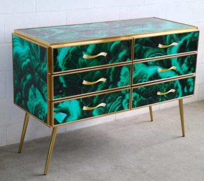 Pair of Midcentury Style Brass and Malachite Colored Murano Glass Commode 2020