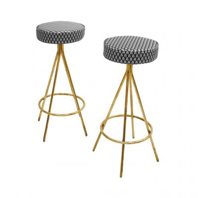 Pair of Midcentury Style Circular Italian Bar Stools Upholstered in Dedar Fabric