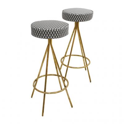 Pair of Midcentury Style Circular Italian Bar Stools Upholstered in Dedar Fabric