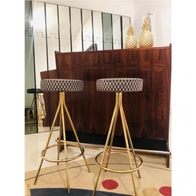 Pair of Midcentury Style Circular Italian Bar Stools Upholstered in Dedar Fabric