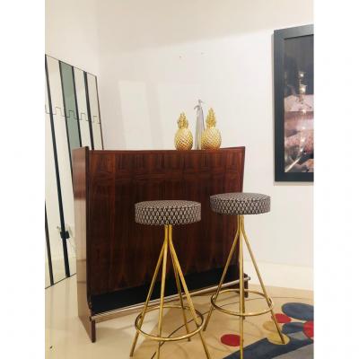 Pair of Midcentury Style Circular Italian Bar Stools Upholstered in Dedar Fabric