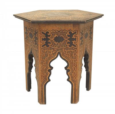 Pair of Middle Eastern Moorish Style Burnt Wood Hexagonal Taborets