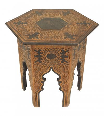 Pair of Middle Eastern Moorish Style Burnt Wood Hexagonal Taborets