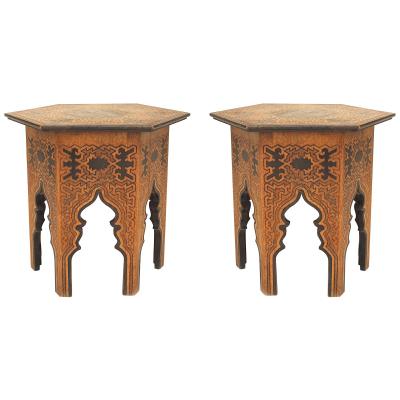 Pair of Middle Eastern Moorish Style Burnt Wood Hexagonal Taborets