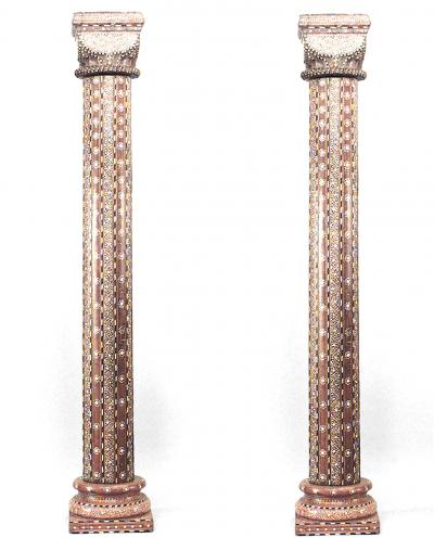 Pair of Middle Eastern Syrian Teak and Inlaid Columns